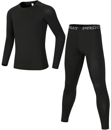 Dtone Kids Athletic Base Layer Set Boys Thermal Long Sleeve Top and Leggings for Football Sport Ski Black 12-13 Years