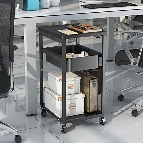 Carrello portaoggetti da cucina in metallo con cassetto in legno e bidone della spazzatura, con ruote, per cucina, bagno e organizzazione dell'ufficio (nero)