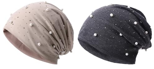 Mössa för kvinnor med pärlor och strass nitar glitter vintermössa bomullsmössor pärla kemohatt stretchig slouch lång beanie hösthatt varm huvud wrap tygmössa för kvinnor flickor utomhus, 3#, 2