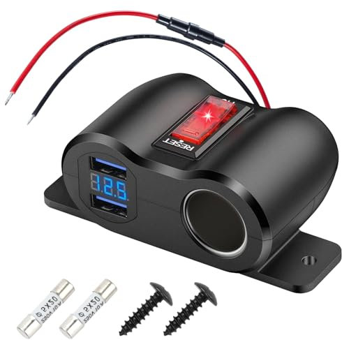 Daakro 54W Upgraded USB Steckdose, QC3.0 USB & PD3.0 Typ C Port 12V Steckdose KFZ mit 180W Zigarettenanzünder-Schnellladebuchse und LED-Voltmeter-Anzeige,12V Ladebuchse für Boot,Autos