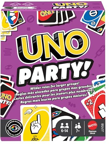 Mattel Games UNO Party Card Game with Deck & Special Rules for Large Groups on Kid, Adult & Family Nights, 6 to 14 Players Ages 7+ Years, JJV58