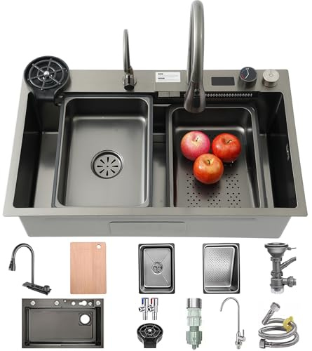 Évier cascade 70 x 50 cm, en acier inoxydable, 1 bac encastrable, grand espace de travail, avec robinet extracteur, planche à découper et système de drainage - Kit complet pour bar domestique