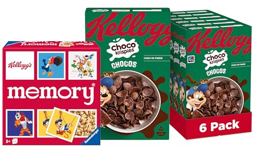 Kellogg’s Choco Krispies Chocos (6 x 400 g) + lustiges Memory Spiel – schokoladige Cerealien verwandeln die Milch in Kakao – Cereal-Chips mit Schokoladengeschmack für maximalen Frühstücks-Spaß