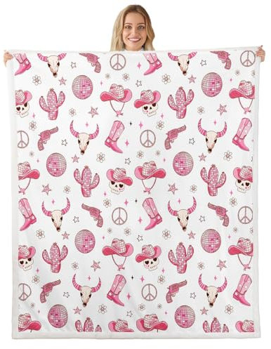 Loussiesd Western Cowgirl Fleece Throw Blanket Queen 90x90Inch Sugar Skull Hunting Sherpa Blanket Plush Fuzzy for Boys Daisy Cactus Disco Ball for Bed Chair Living Room West Farmhouse Cowboy Hat Boots