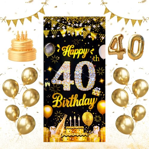 Geburtstagsbanner 40 Jahre 180 x 90cm - 40 Geburtstag Deko Banner Hintergrund Waschbar und Faltbar Leicht und Einfach Aufzuhängen,Türbanner 40 Geburtstags für Wände Schlafzimmer Fenster Türen