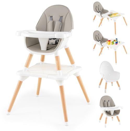 LIFEZEAL Trona para Bebé 6 en 1, Silla de Comedor con Cojín Extraíble, Arnés de Seguridad, Bandeja Extraíble y Tabla de Bloques, Patas de Madera Maciza, Silla Infantil para 6 a 36 Meses (Blanco)