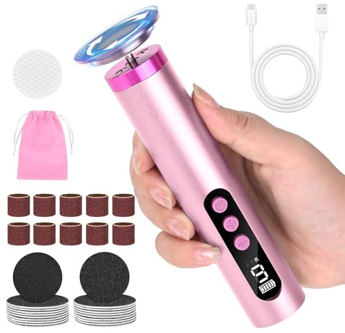 Dreamhigh Eliminador de callos eléctrico 2 en 1, 9 velocidades ajustables con indicador de batería de 2000 mAh, versátil set de 40 unidades de disco de lijado y bolsa de transporte (rosa)