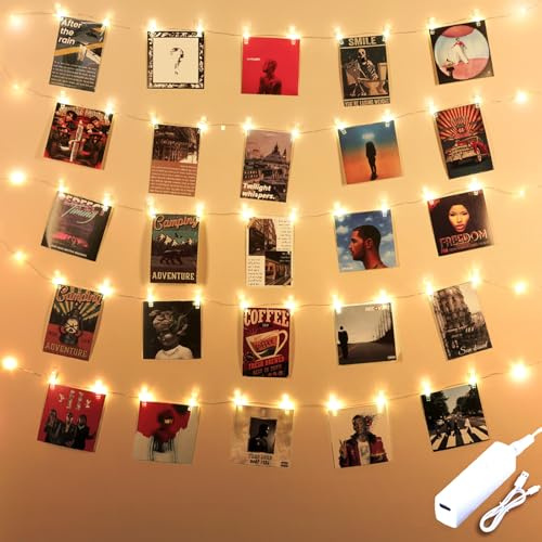 100LED Photo Clip String Lights Rechargeable,10M Christmas Decorations Fairy Lights with 60 Clips 8 Modes Photo Peg Hanging Wall Lights Photo Display Indoor for Room Decor Home Party Wedding Birthday