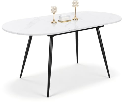 Luxstein Extendable Dining Table, 120-160 cm White Marble Effect Oval Kitchen Table, 4-6 Seater for Dining Room, Kitchen