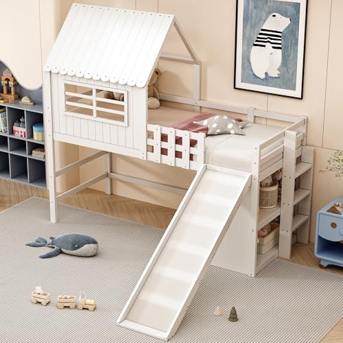 WIZBED Hochbett 90x200, Kinderbett mit Rutsche, Multifunktionsbett mit Ablagefach, Massivholzbett mit Rausfallschutz und Lattenrost Spielbett, Weiß, ohne Matratze