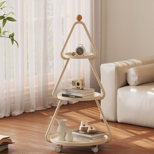 3-Tier Tree-Shaped Side Table, Metal Rolling Cart, 3 Tier Christmas Tree-Shaped End Table With Wheels, Easy Assembly, For Living Room, Bedroom(White)