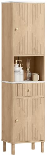 HOMCOM Armoire Salle de Bain Haute Colonne 41,5x30x168cm Chêne | Tiroir Coulissant Silencieux, Étagères Réglables, 2 Placards, Meuble Étroit pour Petits Espaces