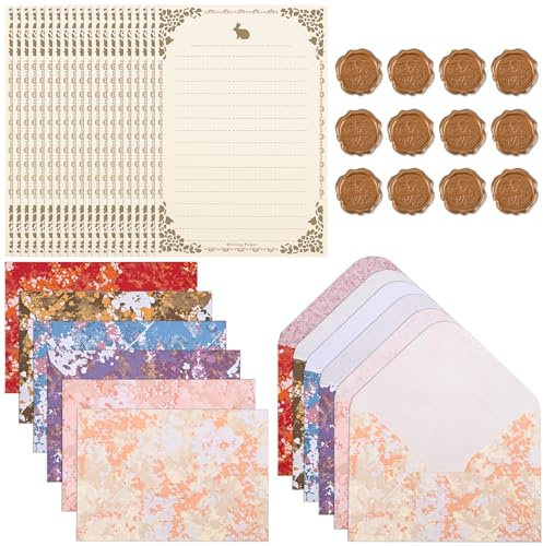 BAYTORY 44-teiliges Schreibwaren-Set zum Schreiben, Papier und Umschläge, ästhetisches liniertes Schreibwaren-Set für Liebesbriefe, 20 Blatt Papier + 12 Umschläge (Gold)