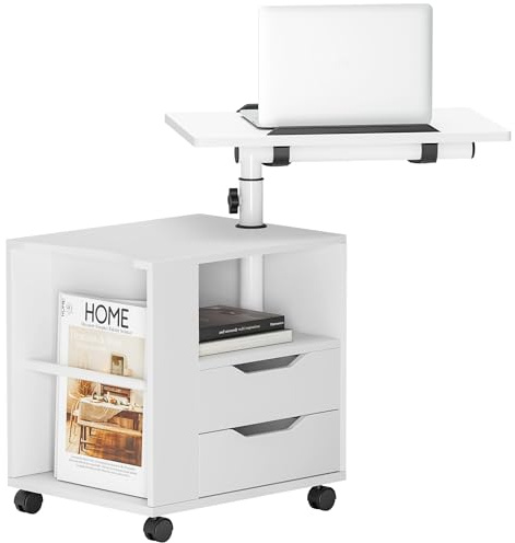 AuraCraft Comodino con altezza regolabile, comodino con cassetti e ripiani aperti, tavolino mobile con ruote per camera da letto, soggiorno (bianco, 60 x 40 x 70-90 cm)