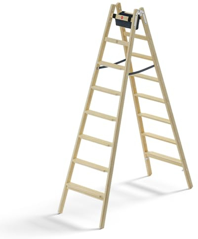 Hailo Master H80 Holz-Doppelstufenleiter 2x8 Stufen bis 150 kg | Beidseitig begehbar, 80 mm Stufen, imprägniertes Kiefernholz, Werkzeugtasche