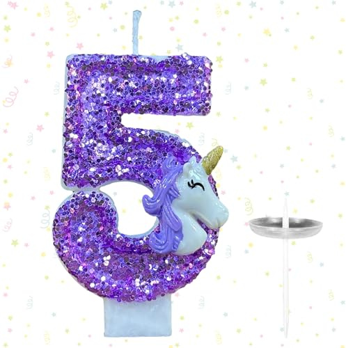 Ovanda Candela 5° compleanno ragazza, unicorno decorazione torta candela 5,3D arcobaleno unicorno candele compleanno candele numeri 5 viola regalo ragazza 5 anni unicorno decorazione compleanno