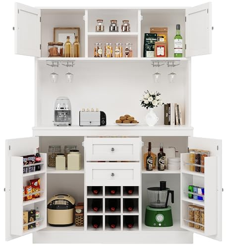 Merax Kitchen Cupboard 188cm Tall Storage Cabinet Buffet larder pantry Cupboard, with 4 Doors&2 Drawers&Wine Rack&Glass Holder&Adjustable Shelves&Large Countertop, White