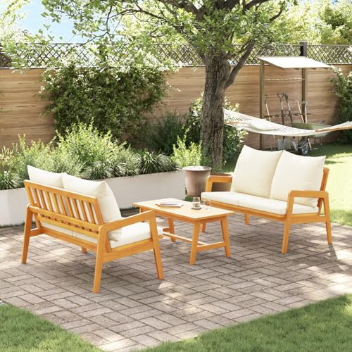 IBUQDDV 3-TLG. Bistro-Set mit Kissen aus Massivholz Akazie für Garten und Terrasse, Sofa Set mit Couchtisch für bis zu Vier Personen, wetterfestes Outdoor Möbel Set mit bequemen