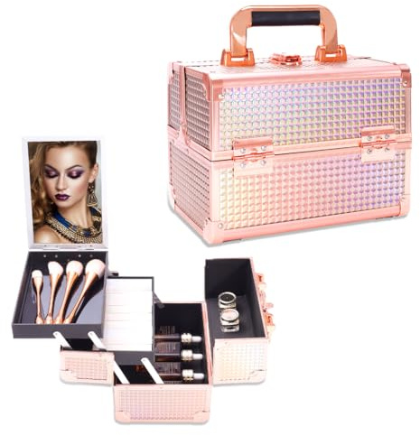 Kosmetikkoffer Aluminium Schminkkoffer, Kosmetikkoffer Kosmetik Beautycase mit Spiegel, Tragegriff & Schloss, Multifunktional Make-up Koffer zur Aufbewahrung von, Kosmetik und Zubehör (Gold)