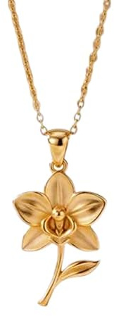 LKBEADS Collana con ciondolo minimalista 3D a forma di fiore di orchidea in argento sterling 925, dalla forma particolare, con catena a maglia da 45 cm e ciondolo placcato oro. |LKD_3DM_00160