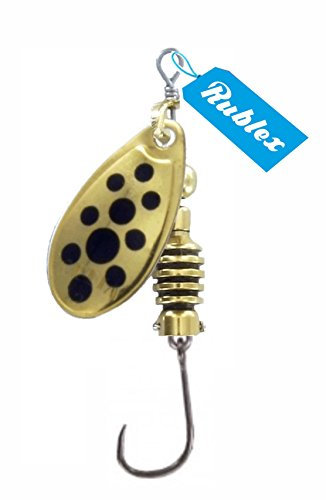 Rublex - Pack de 5 Cucharillas de Pesca Celta-3 OPN | Cebo Artificial de Pesca con Anzuelo Simple sin Muerte Fácilmente Intercambiable con Sistema Quita-Vueltas, Color OPN Oro Puntos Negros, 5gr