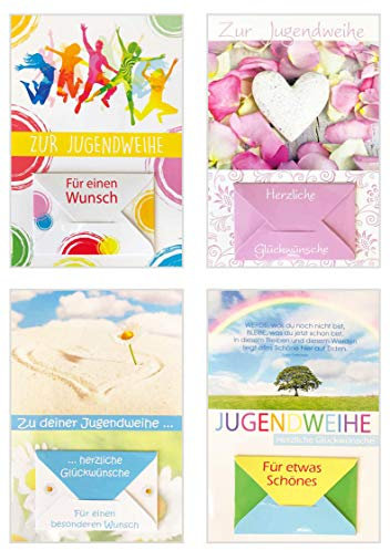 Edition Seidel Set 4 Premium Geldscheinkarten zur Jugendweihe mit Umschlag (Doppelkarten/Klappkarten mit Briefumschlag) Karte Jugendweihekarten (4er Set Jugendweihe)