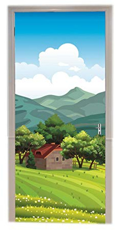 A.Monamour Türtapete Selbstklebend Türfolie Türposter 3D Landhaus In Einem Wald Grünen Wiese Berg Hügel Landschaft Vinyl Folie Türdeko Tapete Wandbild Türaufkleber Türtattoo 83 x 204 cm