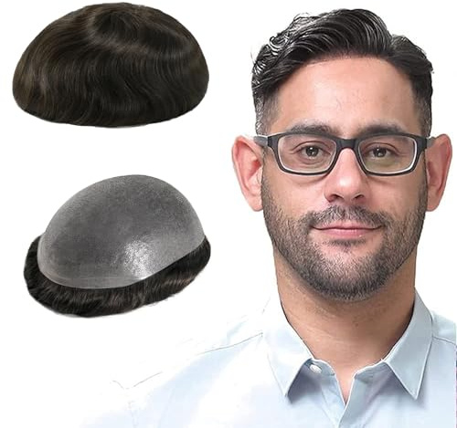 Lordhair Perücke für Herren, Toupet Herren aus natürlichem Echthaar, 0,08 mm vorn, 1/2 Zoll, V-looped Größe auf Hautbasis, superdünn, Perücke für Herren, Ersatz Haarsystem, 20 x 25 cm