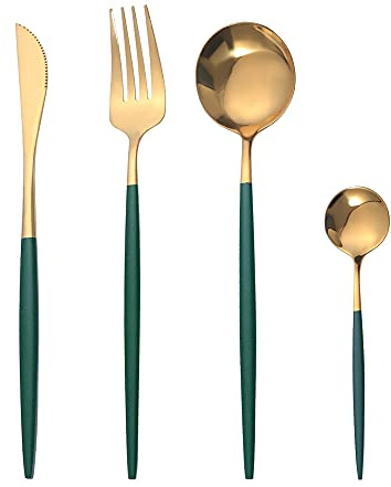 OUQIWEN Bestickset i 8 delar i rostfritt stål, grönt och guld, kniv/gaffel/sked/te för 2 personer