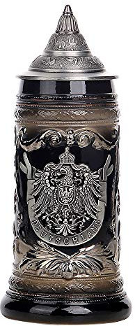 0.6 Litre Chope de Bière Allemande Tasse de Bière German Beer Stein Mug Deutschland étain Aigle Boîte à Cadeau Souvenirs Glaçure noire + insigne d'aigle doré + métal