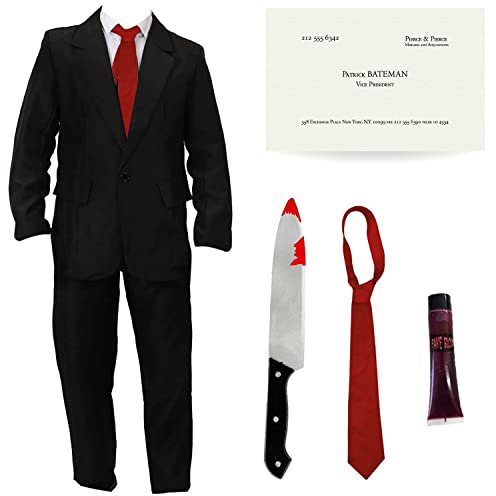 Patrick Bateman Kostüm für Erwachsene – klein – schwarzer Anzug + rote Krawatte + blutiges Messer + Visitenkarte + Kunstblut – American Psycho Charakter Halloween Verkleidung Kostüm