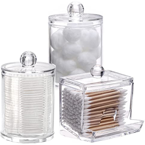 Tbestmax Bathroom Organizer Accessories Set-10 OZ,7 OZ Qtips Holder Storage with Clear Plastic Lids, Cotton Ball/Swabs Dispenser, Apothecary Container Jar 3 Pcs