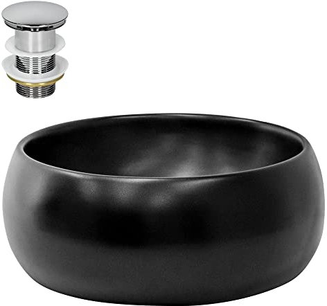 ML-Design Lavabo en Céramique, Noir Mat, Ø400 x 155 mm, Forme Ronde, Garniture de Vidage Argent, Vasque á Poser, Design Moderne, Lavabo à Main, Lavabo de Comptoir Élégant, Salle de Bain/WC d'Invités