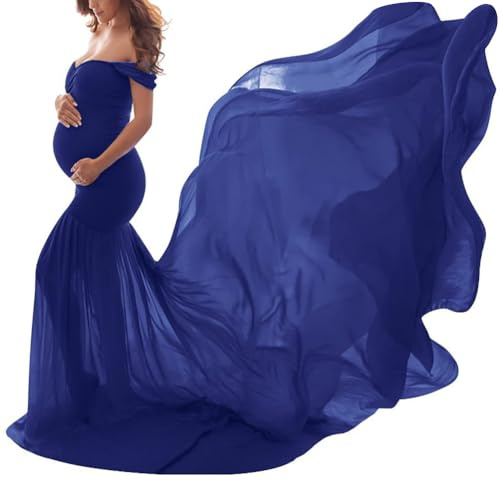 shownicer Umstandskleid Schwangerschaftskleid Einfarbig Elegant Fotoshooting Schulterfreies Chiffonkleid Langes Schwanger Kleidung Festlich Hochzeit Maxi Abendkleider Umstandsmode