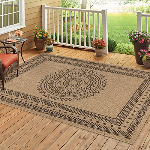 HomebyHome In & Outdoor Teppich 200x290 cm Flachgewebe Teppich für Balkon, Wohnzimmer & Garten Pflegeleicht, Wetterfest & Modern in Jute-Optik