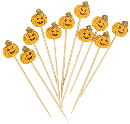 Herbst-Kürbis-Halloween-Thanksgiving-Jack-O-Lantern Vorspeise, Essen, Getränke, Dessert, Cupcape-Topper, Bambus-Plektren – 10 cm – 300 Stück