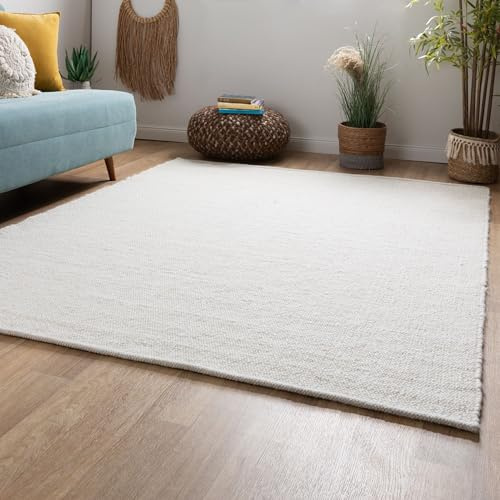 Steffensmeier Handweb Teppich Kos | Wolle (Schurwolle), Natur Hell, handgewebt, Größe: 240x240 cm Wohnzimmer und Schlafzimmer