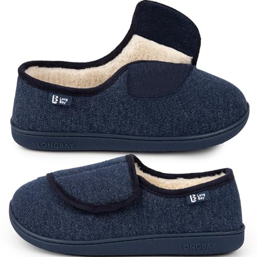 LongBay Women's Wide Fit Slippers Comfy and Cozy Memory Foam Indoor House Shoes for Diabetic Arthritis and Edema Navy Blue,8