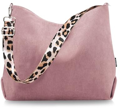 Prite Shopper Tasche Damen Groß Cord Tasche Tote Bag mit Verstellbarem Schultergurt für College Schule Arbeit Reisen Einkaufen（Rosa）