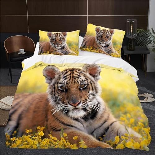 Bettwäsche 140x200 Bettbezug Winter Bettwäsche-Sets Tiger 3D Muster Weich Baby bettwäsche Set Hypoallergen Kinder bettwäsche mit 2 Kissenbezüge 80x80 cm