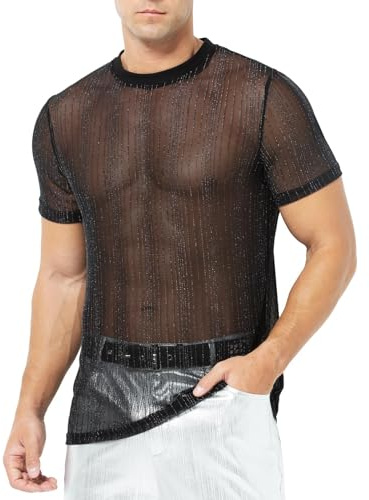 Casey Kevin Tee Shirt Transparent Homme Chemise Paillette T-Shirt Resille Tenue Sexy Homme Respirant T-Shirt Glitter Festival Clubwear Transparent Haut en Gaze