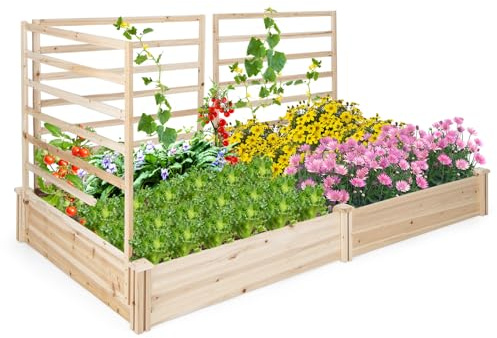 RELAX4LIFE Hochbeet mit Spalier, Blumenkasten mit Rankgitter, Pflanzkasten mit Rankhilfe, Rankkasten Holz, Gartenspalier für Kletterpflanzen, Blumenbeet für Garten, Natur (222x114x110 cm)