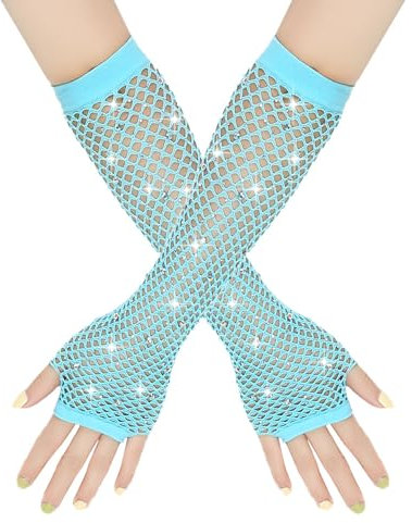 Lang Fischnetz Handschuhe Damen,Strass Mode Fingerlose Netzhandschuhe Glänzende Modische Opernhandschuhe Abendhandschuhe für 80er Jahre Verkleidung Kostüm Party Lieferungen Halloween Cosplay Zubehör
