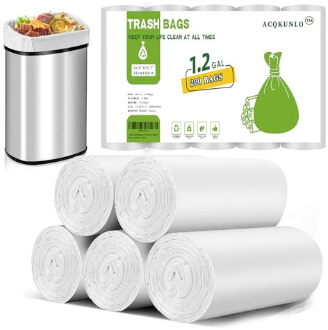1.2 Gallon Small Biodegradable Trash-Bag Mini-Garbage-Bags - White Compostable 200 Count Unscented Little Kitchen 5l Can For Wastebasket Liners Thick Stron Car Acqkunlo