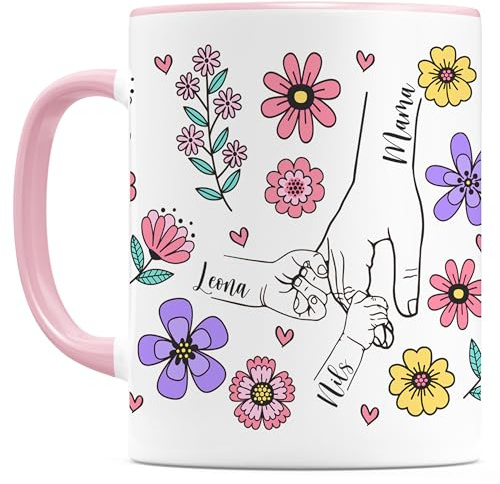 Muttertagsgeschenk Tasse Mama personalisiert mit Namen von 2 Kindern | Personalisiert, hochwertige Keramik, spülmaschinen- & mikrowellengeeignet, 330 ml, Kaffeebecher mit Blumen