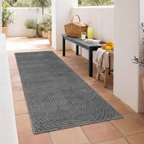 the carpet Santo Plus Outdoor Teppich – Anthrazit, 80 x 250 cm – Wetterfest & Pflegeleicht, Balkon Teppich, Terrasse & Garten, Flachgewebe Indoor & Outdoor, Modern für Wohnzimmer & Schlafzimmer