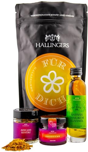 Hallingers Genuss Manufaktur Feinkost Valentinstagsgeschenk-Set - wertig in der Wundertüte Für Dich kleiner Liebesgruß Avocado-Gewürz, Basilikum-Olivenöl & Erdbeerkonfitüre, Valentintstag für Frauen