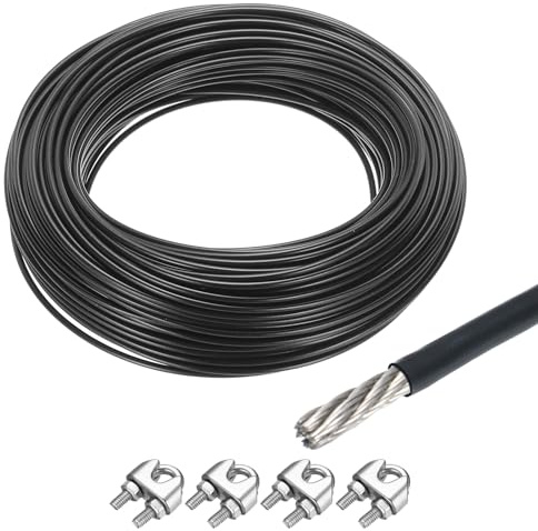 QUARKZMAN Drahtseil Edelstahl 50M x 2,5 mm Stahlseil PVC ummantelt Schwarz | Sicherungsdraht Aufhängedraht Drahtkabel Wäscheleine, mit 4 Seilklemmen, für Bilderrahmen Outdoor Zaun Gardinen