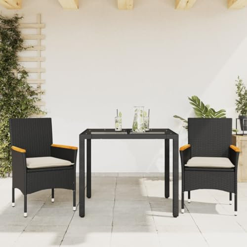 Homgoday Set da pranzo da giardino 3 pezzi cuscini in rattan sintetico vetro nero, sedia tavolo cucina esterno terrazza patio balcone mobili