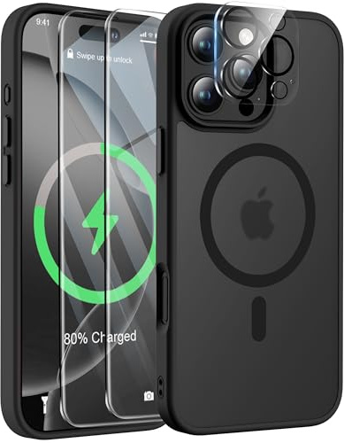 ORETECH für iPhone 16 Pro Hülle 6,3 Zoll mit 2 Schutzfolie+1 Kameraschutz, Kompatibel mit Mag-Safe, Stoßfest Kratzfest Transluzente Magnetisch Handyhülle für iPhone 16 Pro Case Schwarz